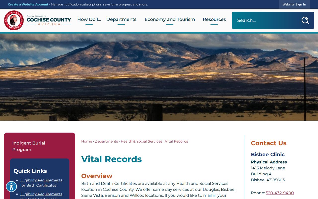 Sierra Vista resident lookup information from Cochise County Vital Records
