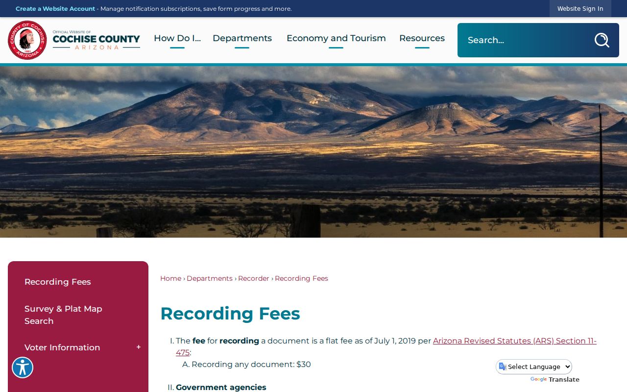 Sierra Vista street directory Cochise Recorder copy fee schedule
