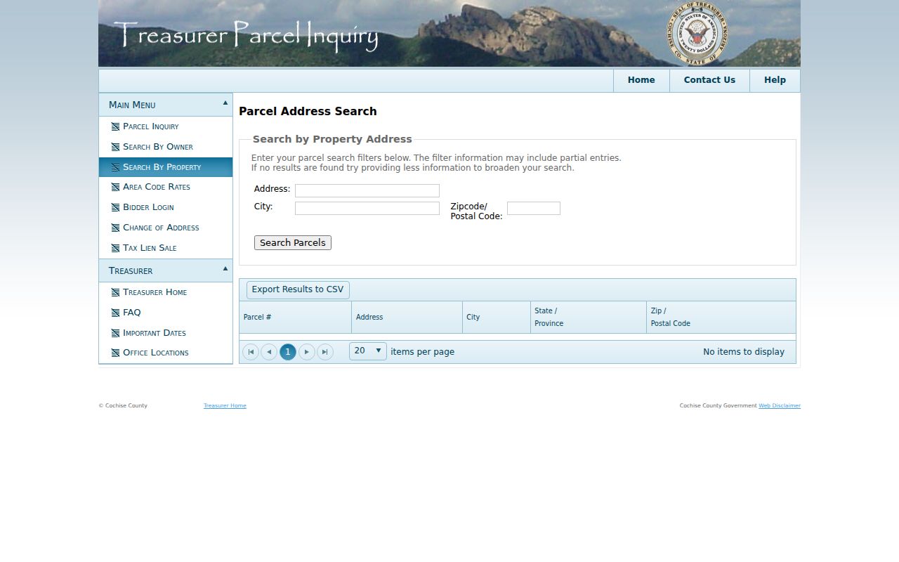 Sierra Vista ZIP code directory view of the Cochise Treasurer parcel search