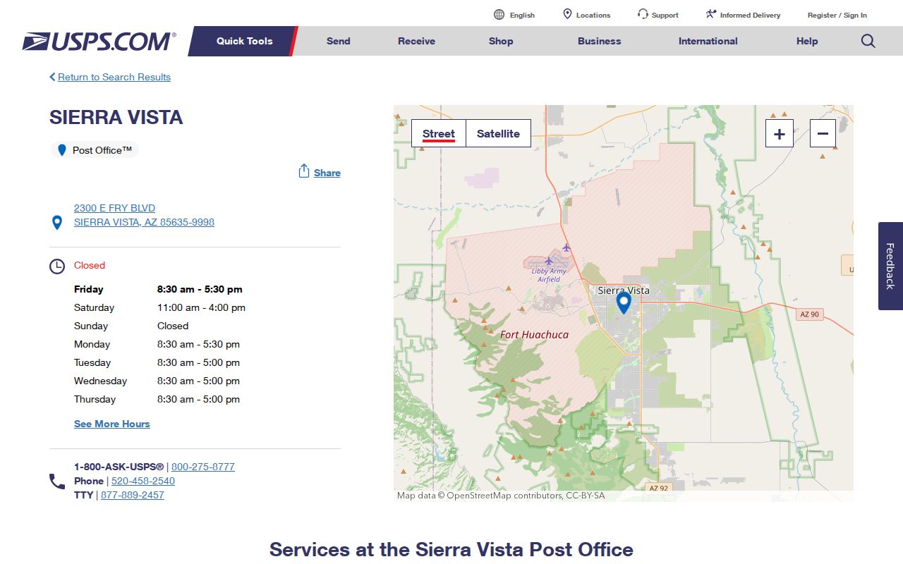 Sierra Vista ZIP code directory image of the 85635 post office listing
